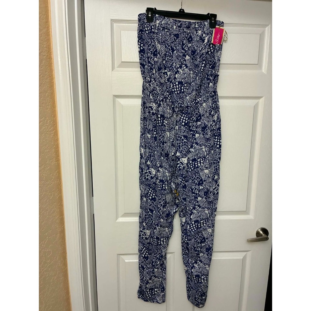 Lilly Pulitzer Target Blue White Strapless Jumpsuit Women L NWT Print Pants